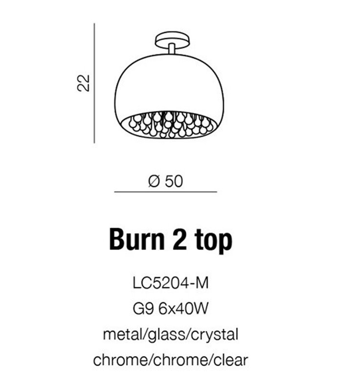 Plafon Burn 50cm klosz szklany chromowany okrągły wewnątrz kryształy