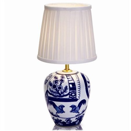 Lampa stołowa Goteborg stylowa klasyczna szklana biało niebieska podstawa z białym plisowanym abażurem
