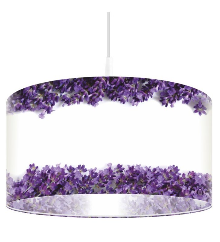 Lampa wisząca do kuchni jadalni Wrzos biała z fioletowymi kwiatkami okrągły abażur z tworzywa - OD RĘKI