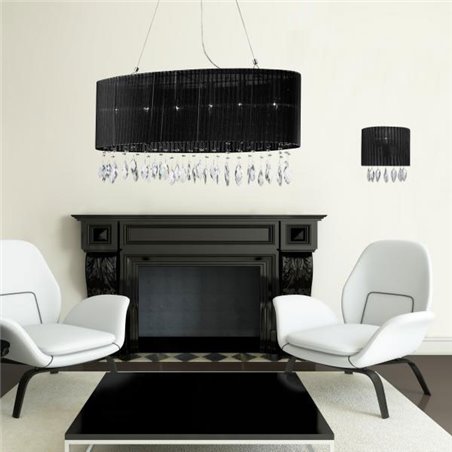 Lampa wisząca Sidney Black czarny owalna abażur materiałowy z akrylowymi kryształkami nad stół do jadalni salonu sypialni