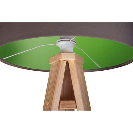 Lampa podłogowa Kamelia Zielona szaro zielona podstawa drewniana sosnowa trójnóg do sypialni salonu jadalni