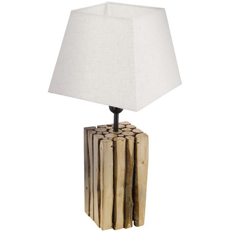 Lampa stołowa Ribadeo podstawa drewniana abażur trapezowy w kolorze kremowym
