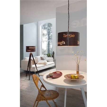 Lampa wisząca Coldingham kolor rdzawy metalowa z napisami do salonu kuchni jadalni sypialni styl vintage