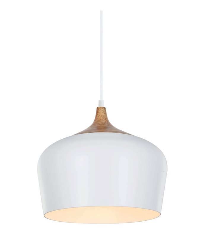 Lampa wisząca Britta biała z elementem imitującym drewno styl skandynawski do pomieszczeń nowoczesnych
