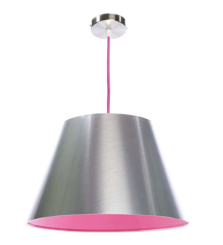 Malina nowoczesna wisząca lampa w kolorze stalowym z różowym wnętrzem klosza i przewodem