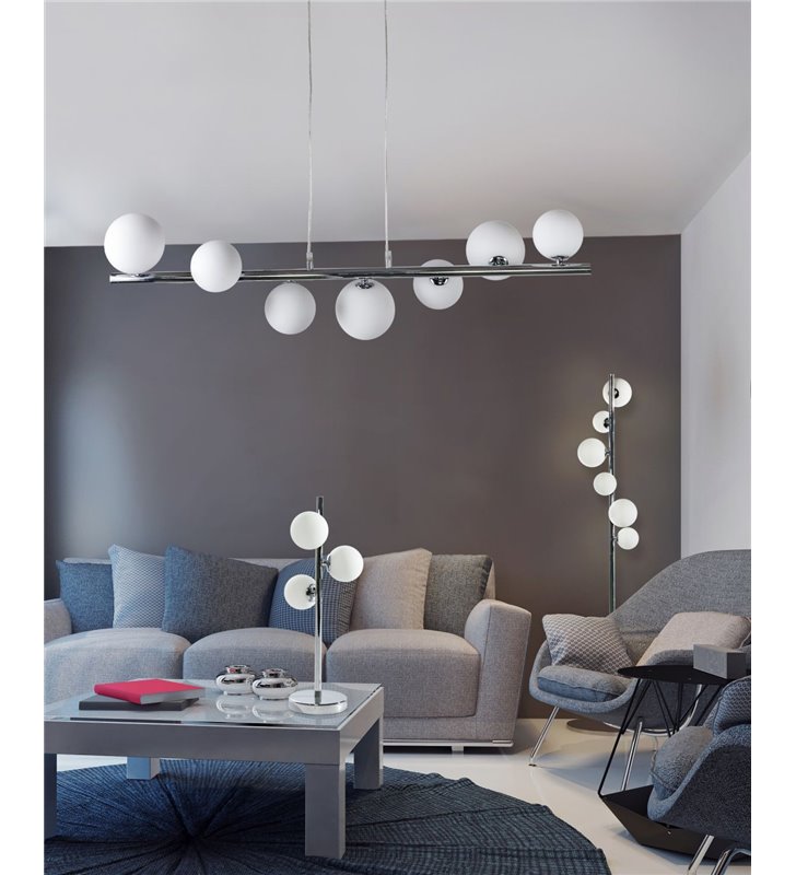 Lampa stojąca Sybilla chrom 6 szklanych kul styl nowoczesny do salonu jadalni sypialni