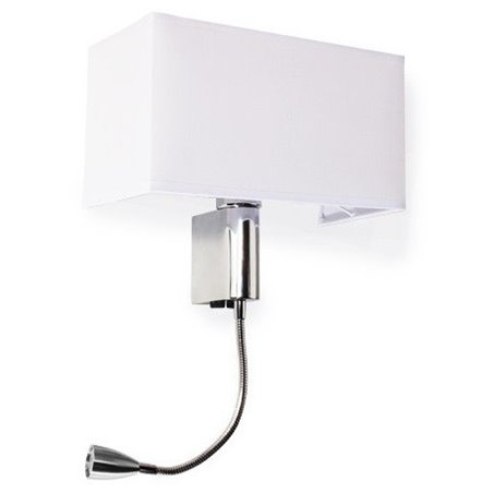Kinkiet Amadeo z białym prostokątnym abażurem metal chrom dodatkowa lampka LED na giętkim ramieniu
