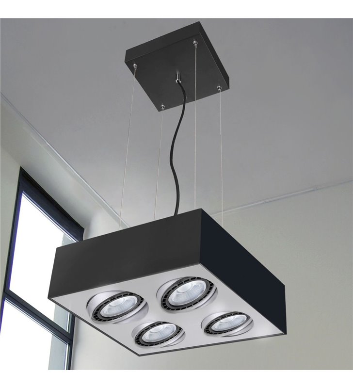 Lampa wisząca Paulo kwadratowa czarna z aluminiowym wykończeniem klosza 4 żarówki styl techniczny