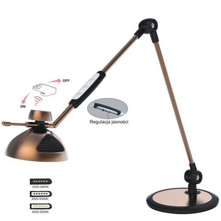Nowoczesna łamana lampa biurkowa Morino mosiądz antyczny włącznik dotykowy regulacja jasności barwa światła 3300-6500K