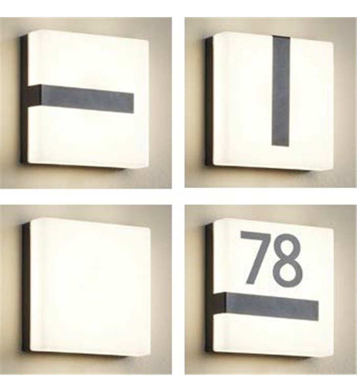 Kwadratowy plafon zewnętrzny z możliwością ściemniania Torazza-C 215 z cyframi i literami nr domu