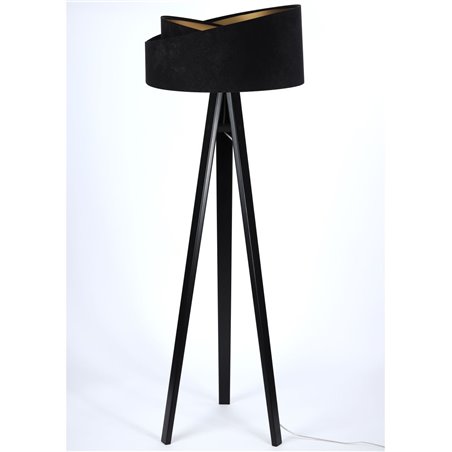 Lampa stojąca Emi czarno złoty asymetryczny abażur z weluru czarny drewniany trójnóg do sypialni jadalni salonu