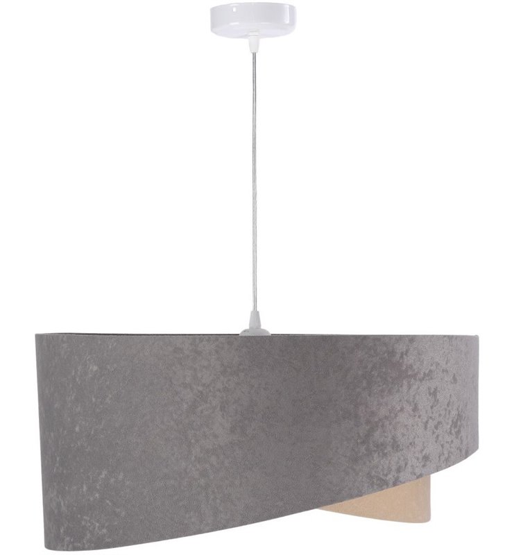 Lampa wisząca Domenica szaro beżowa abażur z weluru asymetryczny wewnątrz srebrny średnica 50cm