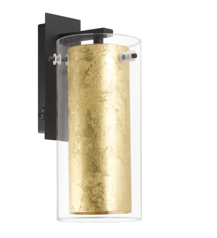 Kinkiet Pinto Gold czarny korpus klosz wewnątrz złoty zewnętrzny bezbarwny szklany włącznik na lampie