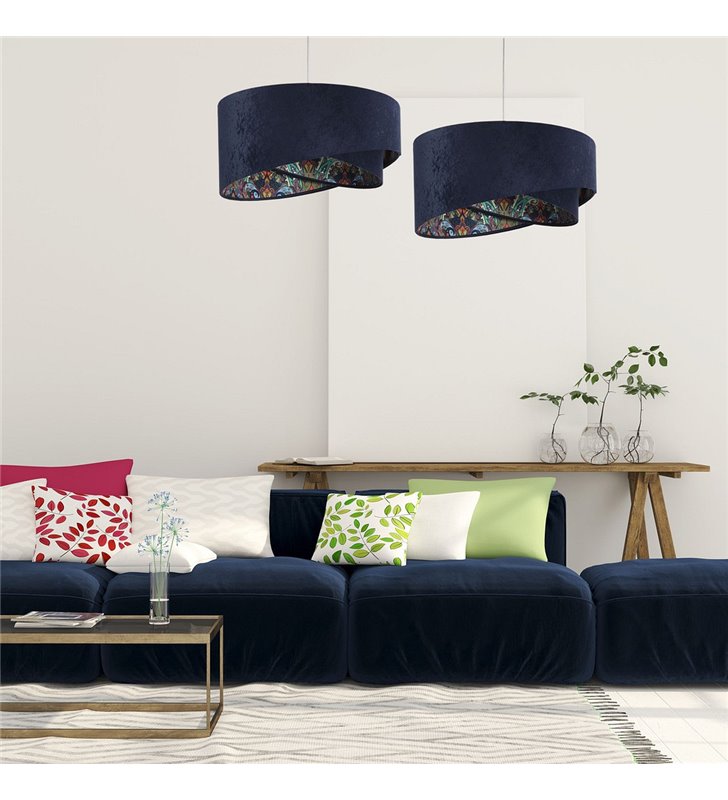 Granatowa lampa wisząca z weluru Setubal kolorowy środek abażura do salonu sypialni jadalni