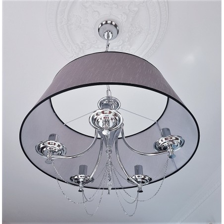 Okrągła abażurowa lampa wisząca Ramona 5 żarówek szary abażur dekoracyjne łańcuszki i kryształki