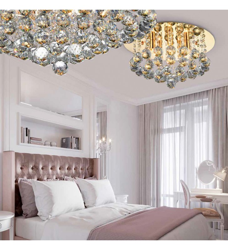 Plafon Bolla okrągły złoty z kryształowymi wisiorami 58cm do salonu sypialni na korytarz