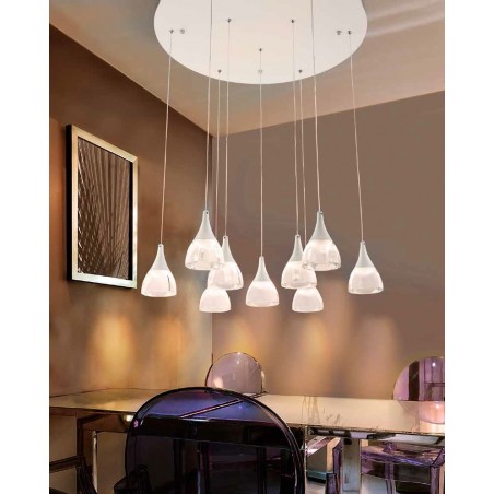 Biała okrągła duża lampa wisząca Dalmatia LED 9 zwisów styl nowoczesny np. nad duży okrągły stół