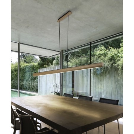 Okrągła podłużna lampa wisząca z drewna Albero ponad metr LED do salonu jadalni nad stół do kuchni nad wyspę do biura