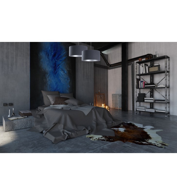 Lampa wisząca Pavo granatowa srebrny środek abażur tkanina tapicerska do jadalni salonu sypialni