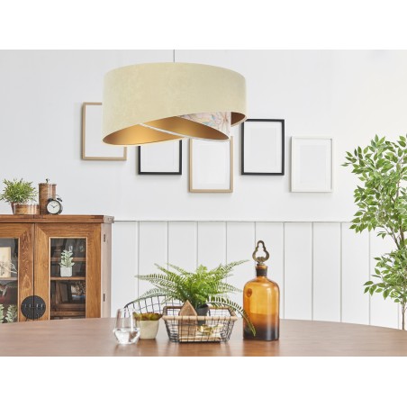 Lampa wisząca Herminia abażur beżowy i kwiatowy złoty środek do jadalni nad stół do salonu sypialni