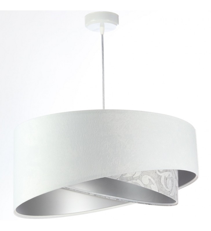 Lampa wisząca Desna biało srebrna z delikatnym dekorem welur 50cm do jadalni nad stół do sypialni salonu