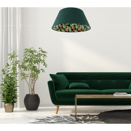 Zielona welurowa lampa wisząca z roślinnym nadrukiem wewnątrz abażura Flora do salonu sypialni jadalni