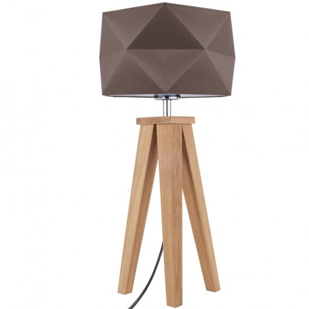 Lampa stołowa Finja na 3 dębowych nogach geometryczny abażur brązowy