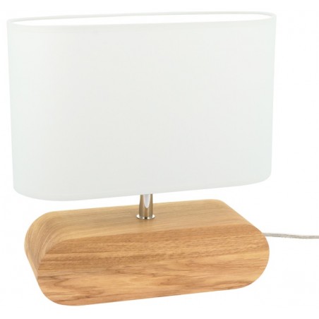 Lampa stołowa z drewnianą dębową podstawą i białym owalnym abażurem Marinna