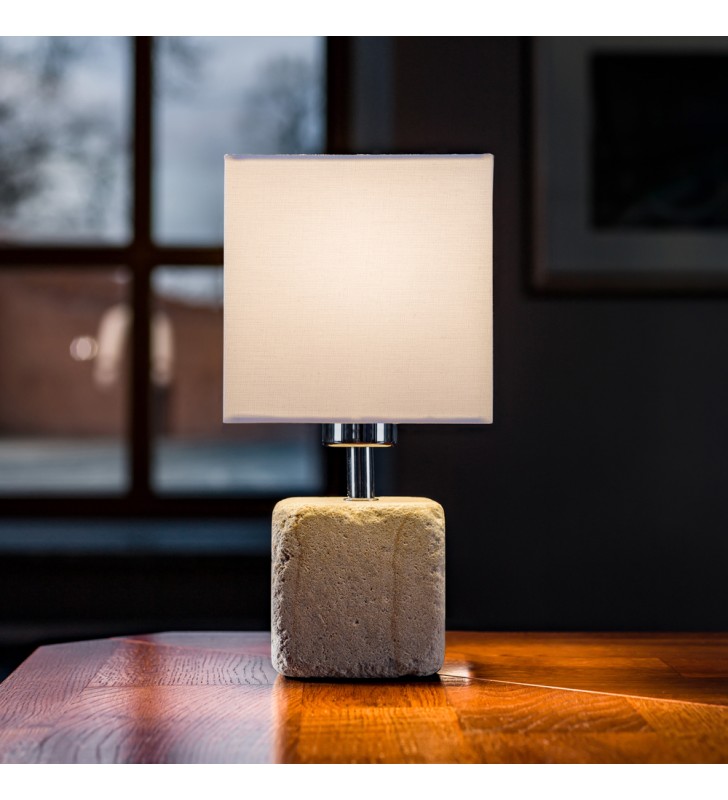 Lampka stołowa Sandy podstawa kwadratowa wykonana z piaskowca biały abażur