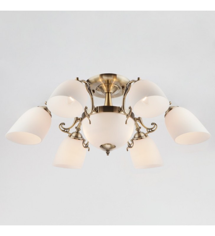 6 ramienna klasyczna lampa sufitowa z amplą Venice mosiądz antyczny szklane białe klosze