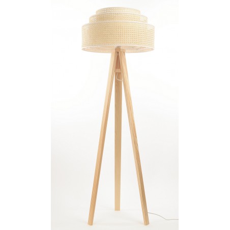 Lampa podłogowa Hiroko w stylu skandynawskim trójnóg drewniany kaskadowy abażur z rattanu