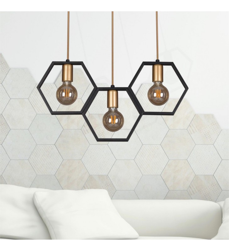 Lampa wisząca Honey 3 zwisowa czarno złota klosze hexagon plaster miodu