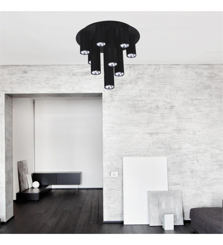 Czarna wielopunktowa nowoczesna lampa sufitowa Mile Black wąskie klosze do salonu sypialni na korytarz