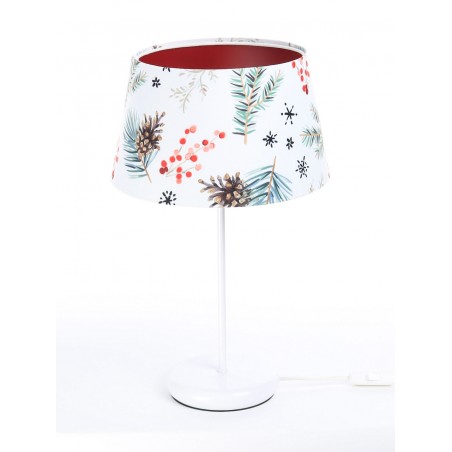 Lampa stołowa Christmas1 abażur welurowy ze świątecznym dekorem czerwone wnętrze abażura biała podstawa