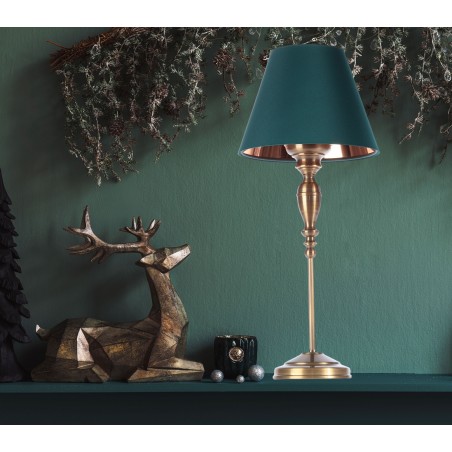 Lampa stołowa Carlton podstawa mosiężna patynowana abażur zielony satyna klasyczna stylowa