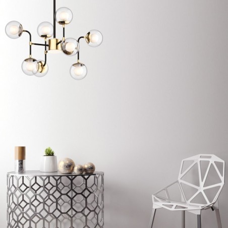 Żyrandol lampa wisząca Riano 8 żarówek styl nowoczesny kolor czarny ze złotym wykończeniem okrągłe szklane klosze