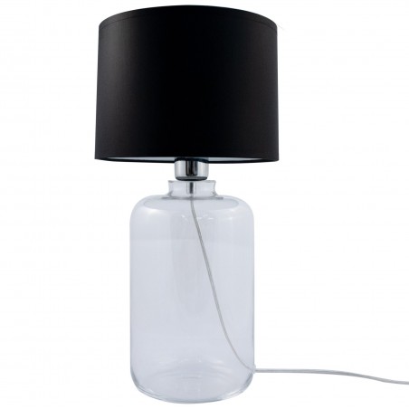 Nowoczesna lampa na stolik nocny lub komodę Samasun czarny abażur szklana transparentna podstawa włącznik na przewodzie