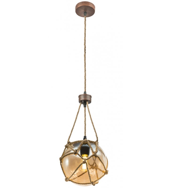 Lampa wisząca Tiko 20cm szklana kula w siatce z liny wykończenie rdzawe styl vintage