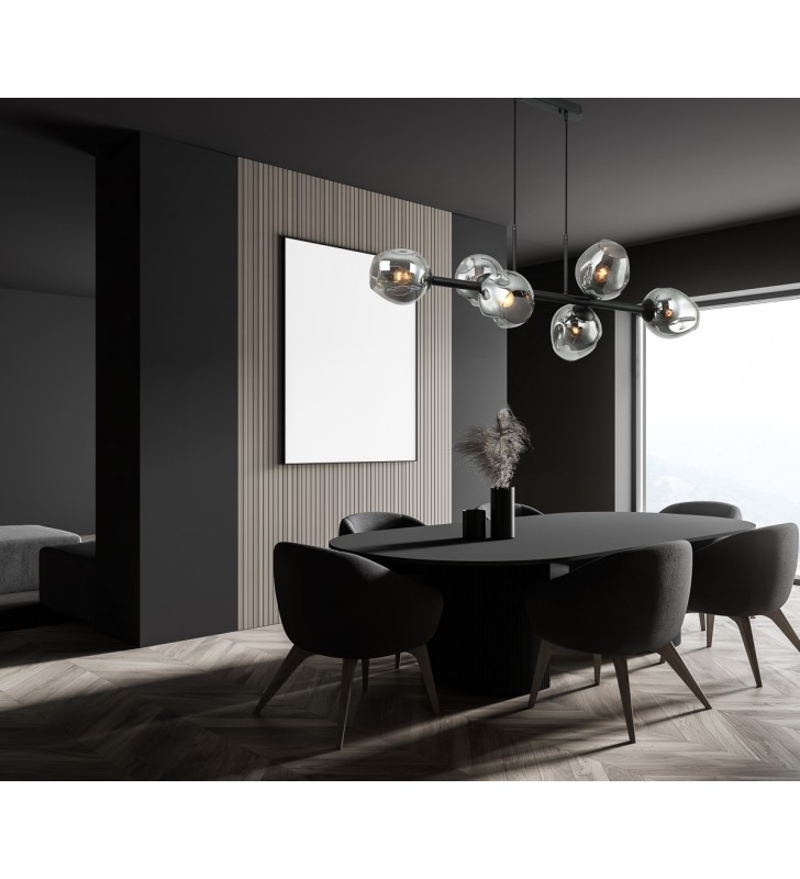 Lampa wisząca Borgo czarna szklane grafitowe klosze na 6 żarówek elegancka stylowa np. nad prostokątny stół