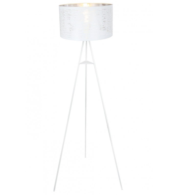 Lampa podłogowa do salonu na 3 metalowych białych nogach Barca klosz biały ze srebrnym wnętrzem