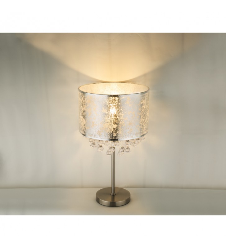 Srebrna 56cm lampa stołowa z abażurem Amy I akrylowe kryształki styl glamour