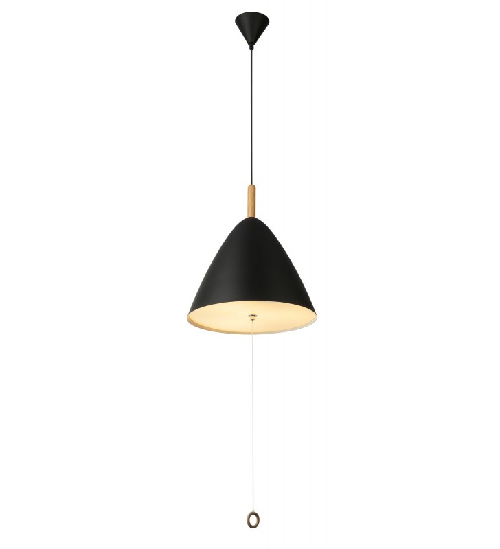Czarna lampa wisząca Pura z włącznikiem sznureczkowym drewniane wykończenie