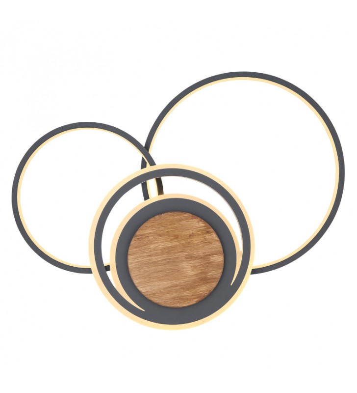 Okrągły plafon Nirra LED 3 metalowe grafitowe pierścienie wykończenie drewno do nowoczesnego salonu sypialni kuchni