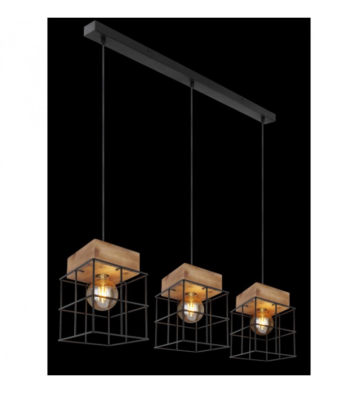 Lampa wisząca Merril do salonu czarna metal drewno klosze 3 druciane klatki styl vintage