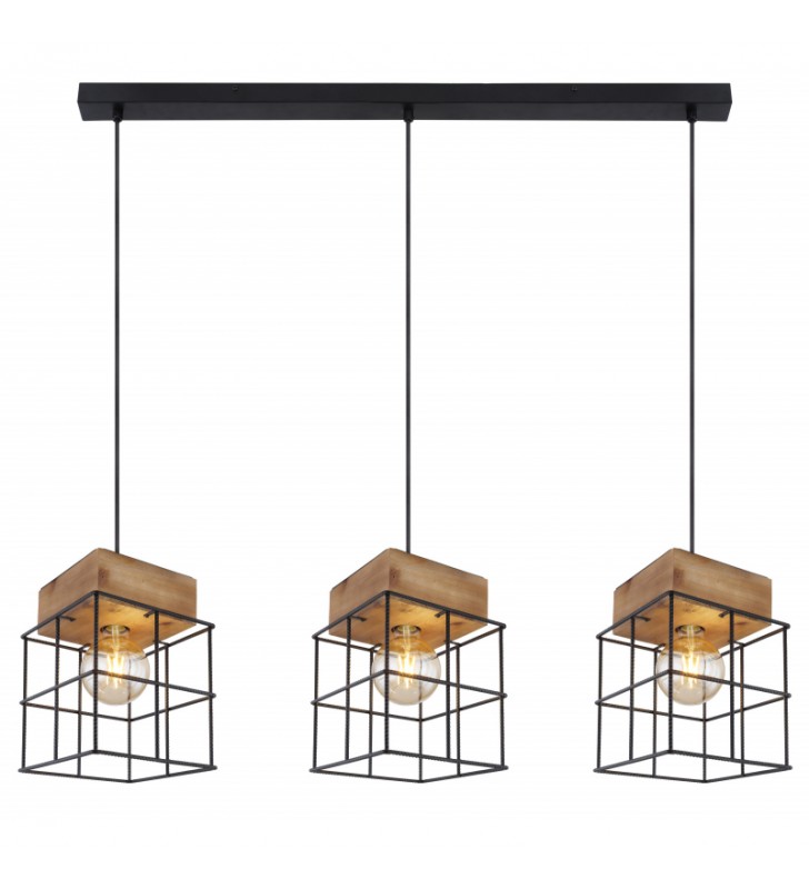 Lampa wisząca Merril do salonu czarna metal drewno klosze 3 druciane klatki styl vintage