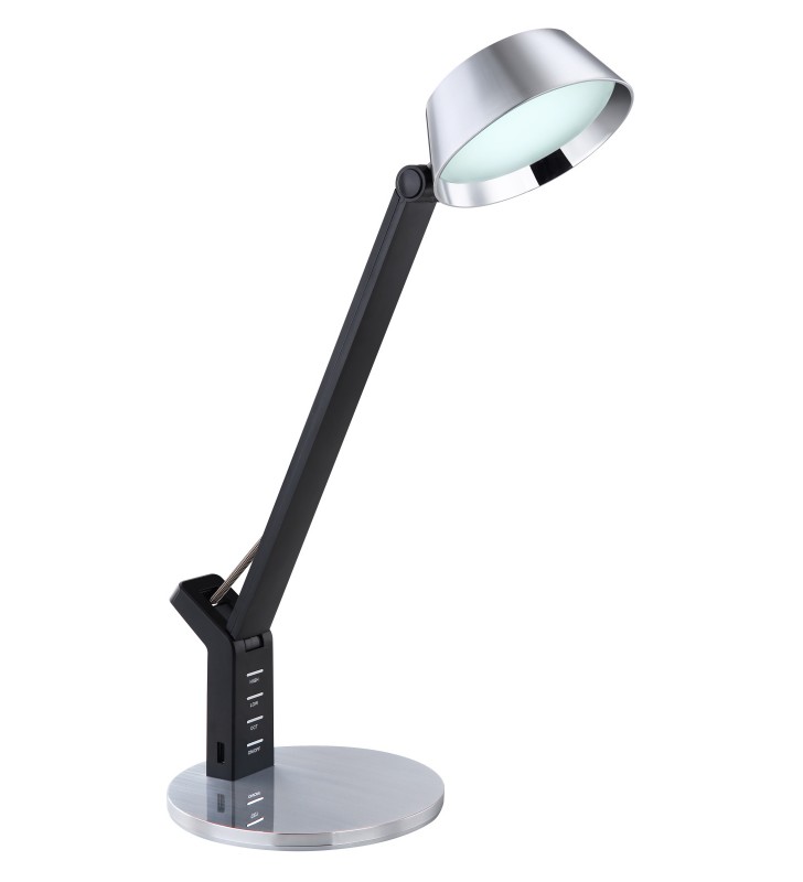 Czarno srebrna lampka biurkowa Ursino LED regulacja barwy światła ściemniacz włącznik dotykowy na lampie regulacja wysokości