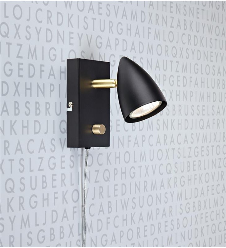 Kinkiet Ciro czarny z wykończeniem w kolorze mosiądzu włącznik ze ściemniaczem przewód z wtyczką