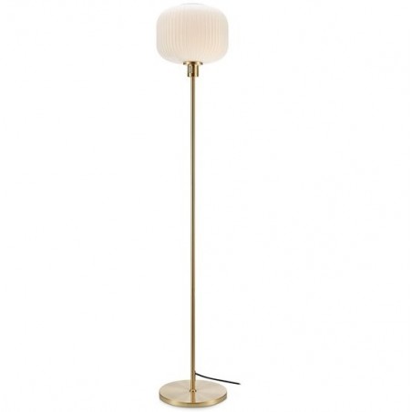 Mosiężna lampa podłogowa do salonu Sober biały klosz ze szkła włącznik na przewodzie