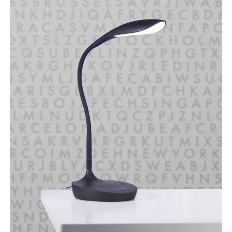 Czarna nowoczesna lampa biurkowa Swan z wejściem USB włącznik dotykowy na lampie