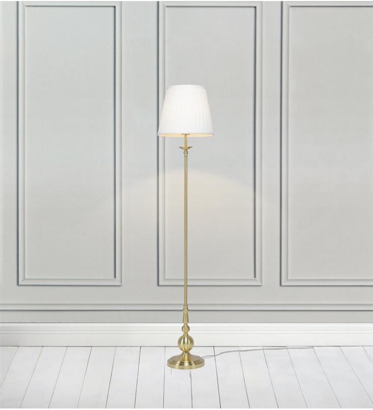 Klasyczna lampa podłogowa do sypialni Imperia biały plisowany abażur złota podstawa do wnętrz stylowych klasycznych